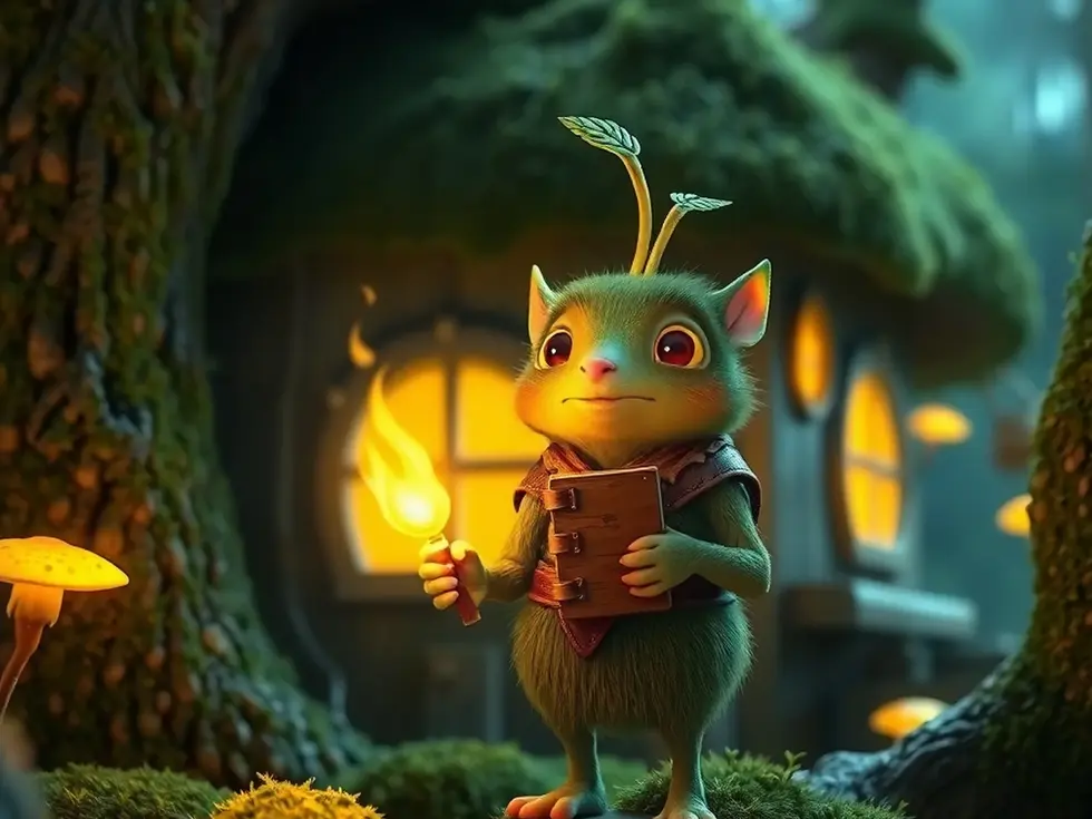Fusion creature walking through a digitally painted, enchanted forest.