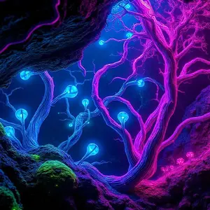 a radiant glowing blue and purple haze cyber alien fungi plant