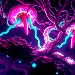 Glowing electric pulses coming from glowing alien fungi