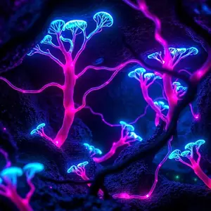 an image of what almost looks like a tiny village made of purple haze alien fungi