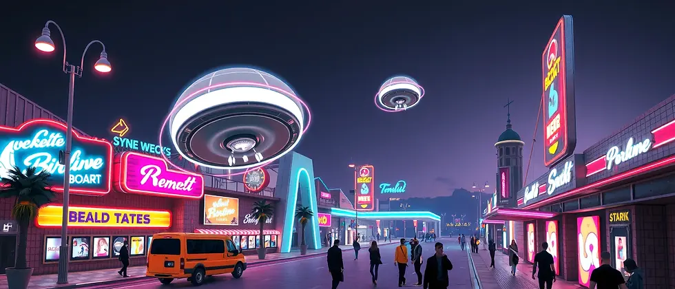 UFO's and a Neon Lit Synthwave retro Boardwalk