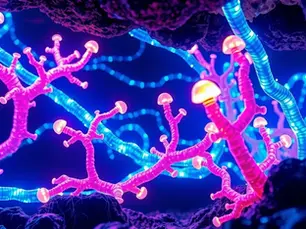 Digital Fungi Glowing bright colorful neon pink and Blue