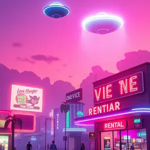 Neon-lit urban environment viewed from simulated surveillance feed.