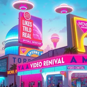 A rooftop lounge under a static sky with neon lights and flying saucers.