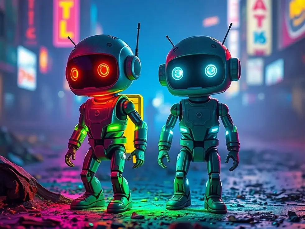 Animated robot friends syncing in pixel glow