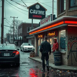 Police cars line up outside a glowing strip mall with suspicious activity behind neon windows