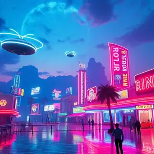 AI-generated image of a retro-futuristic shopping mall with neon lights and UFOs