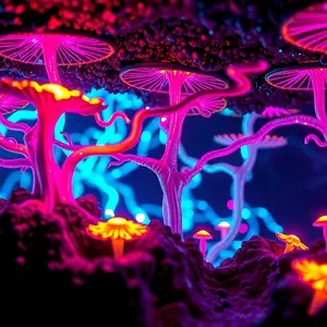 Multicolored alien fungi in light blue, pink and a golden orange