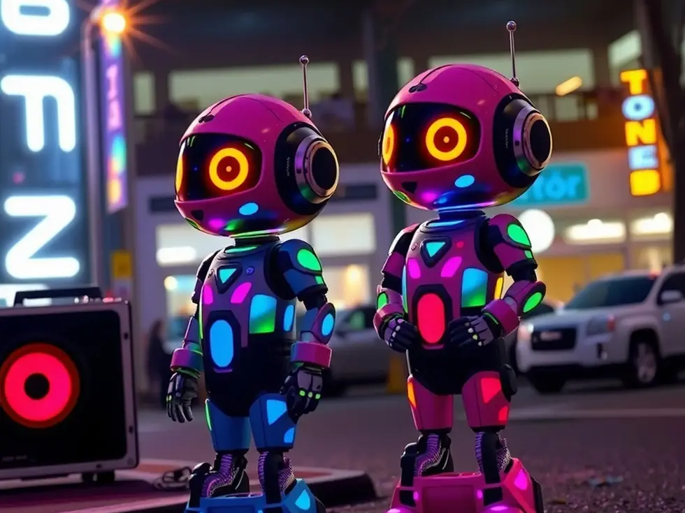 Neon-lit robot kids mid-dance sequence