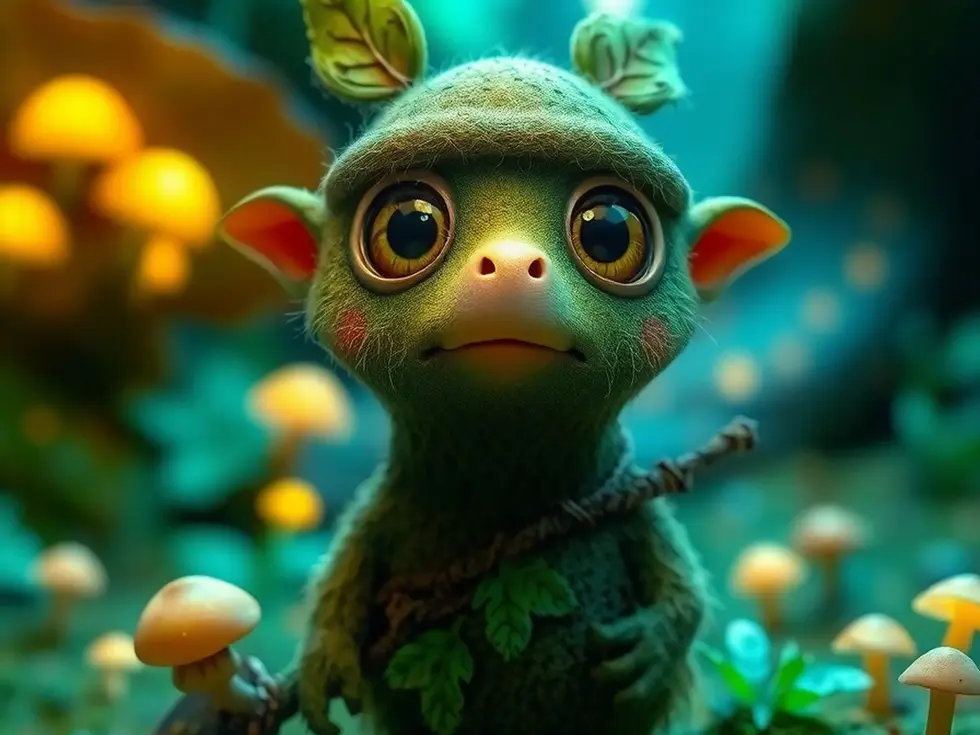 Bright-eyed AI forest characters converging in unity and color