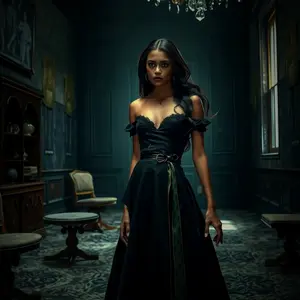 An American Gothic woman standing in the living room of of a run down mansion all dressed in black