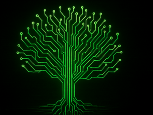 A tree made out of neon green digital circuitry