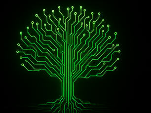 A tree made out of neon green digital circuitry