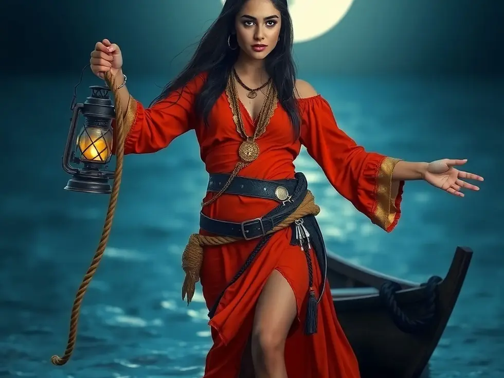 Pirate woman walking to shore carrying a lantern in a red dress. 