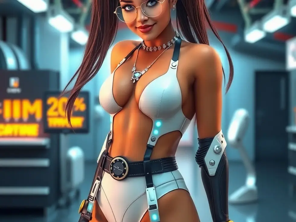 Futuristic woman glowing under neon signs