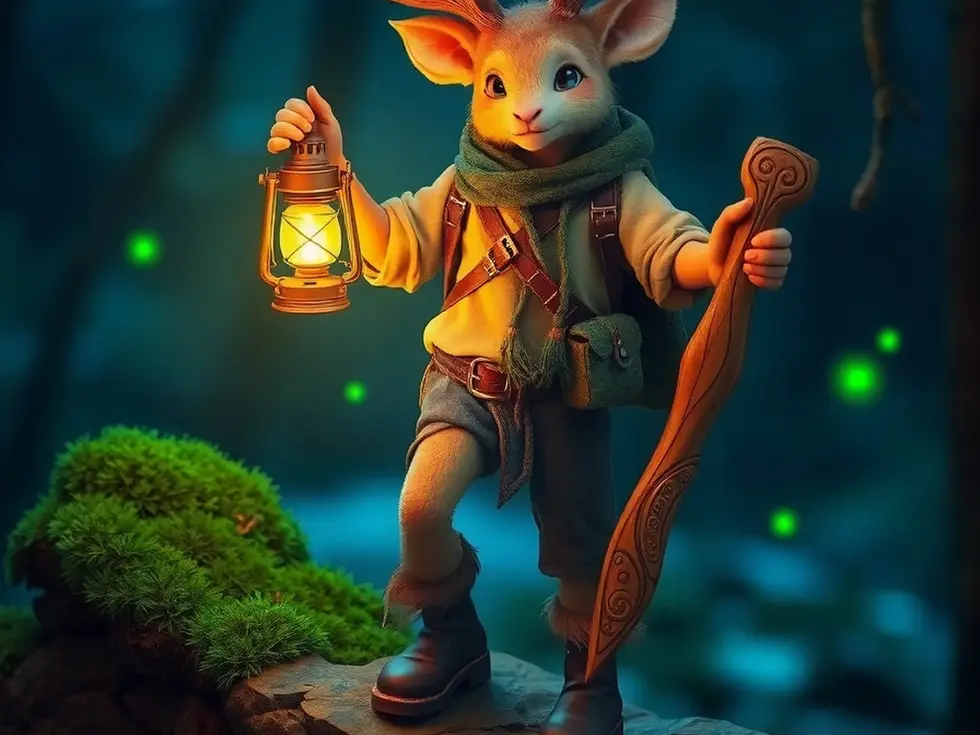 Glowing, antlered entity traversing a mystical, post-human forest realm.