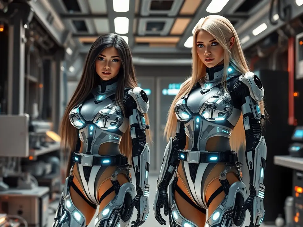 two cyborg woman in a high tech science lab. 