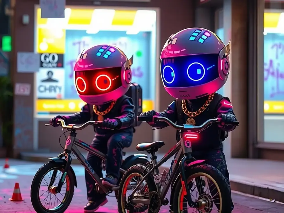 Neon Baby Botz sharing signal bursts in an urban ruin