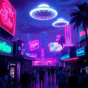 Neon pink static overlays urban nightscape with glowing interference.