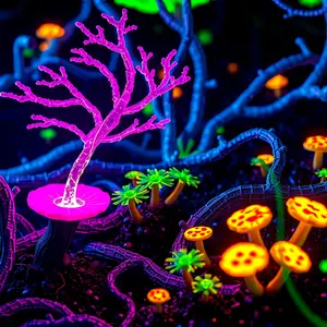 A wide variety of colorful glowing neon alien fungi
