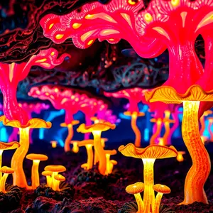 Glowing neon red and yellow digital fungi