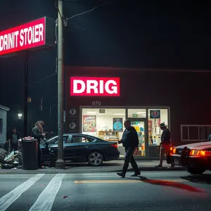 Dark neon street with emergency lights and glowing encrypted storefront windows.