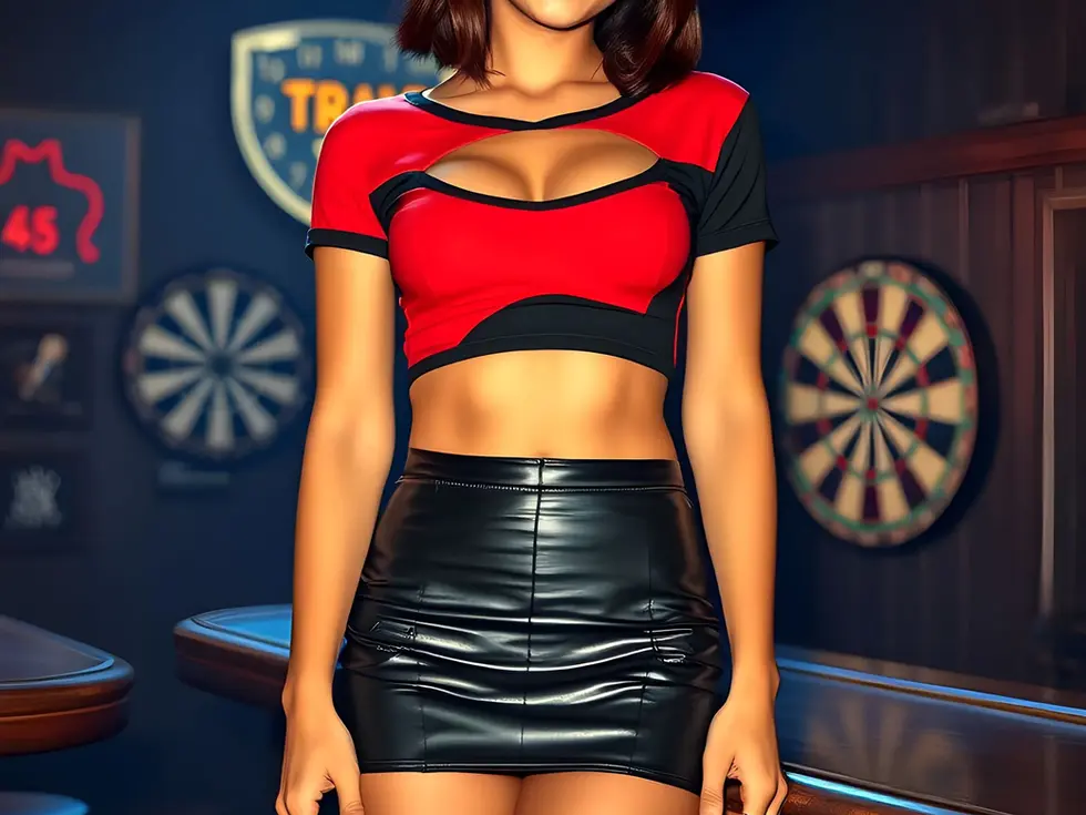 Model striking a pose in a music studio with dramatic lighting.