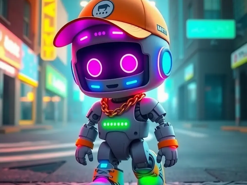 Glitchy cartoon machines radiating techno joy