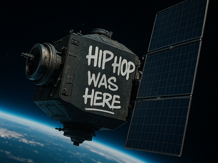 an orbitting satalie with the words "hip hop ws here " spry painted on it