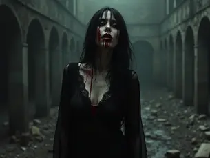 A dirty woman covered in blood