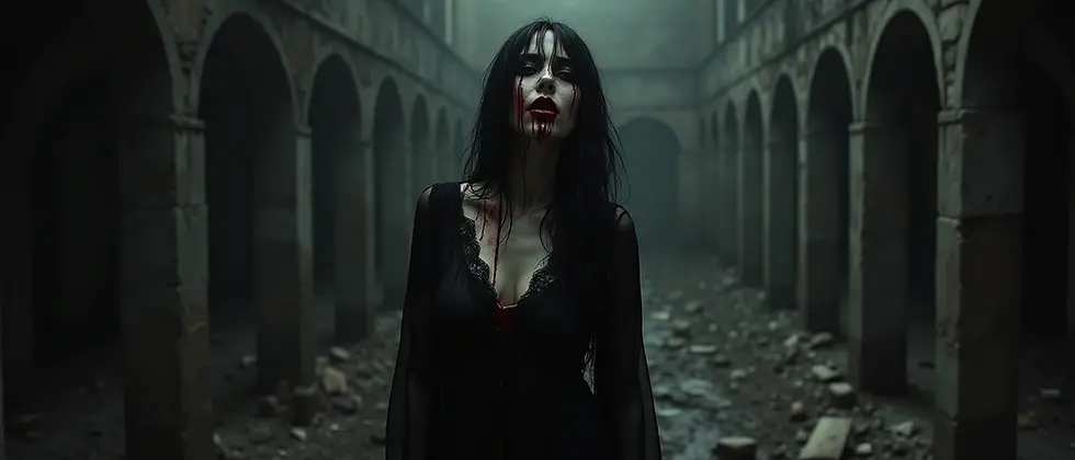 A dirty woman covered in blood