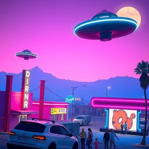 Neon highway curving through futuristic analog cityscape