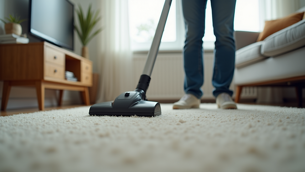 Eye-level view of a professional cleaner vacuuming a living room carpet