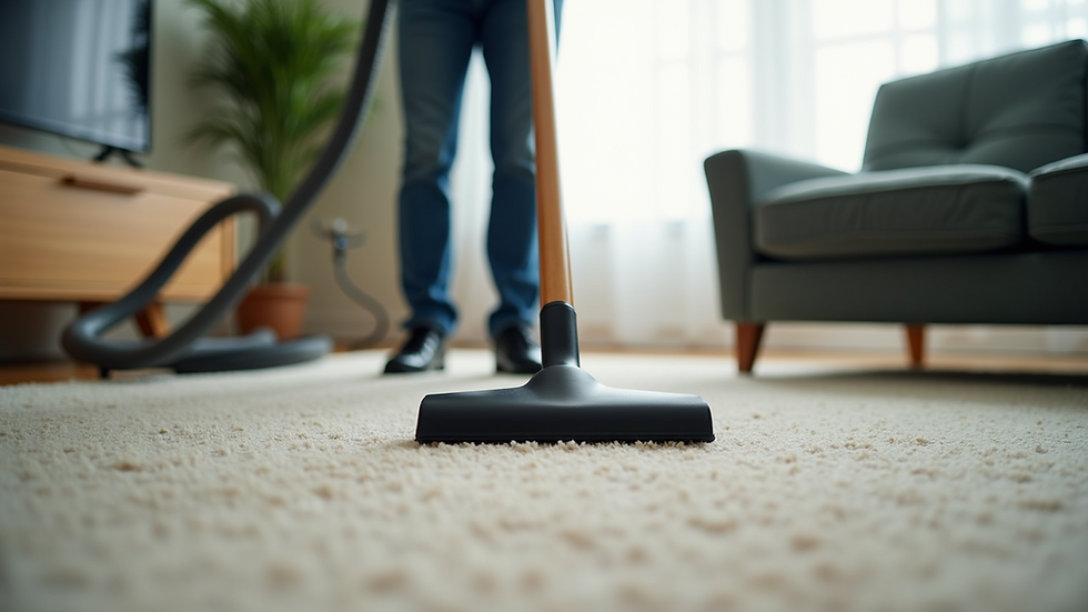 Close-up view of a professional cleaner vacuuming a carpet in a living room
