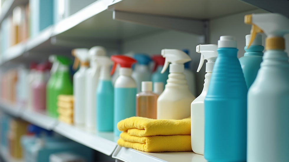 Close-up view of cleaning supplies arranged neatly on a shelf