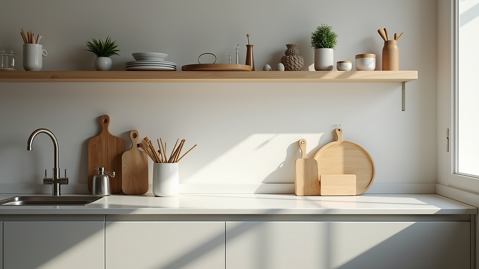 High angle view of a clean and organised kitchen countertop