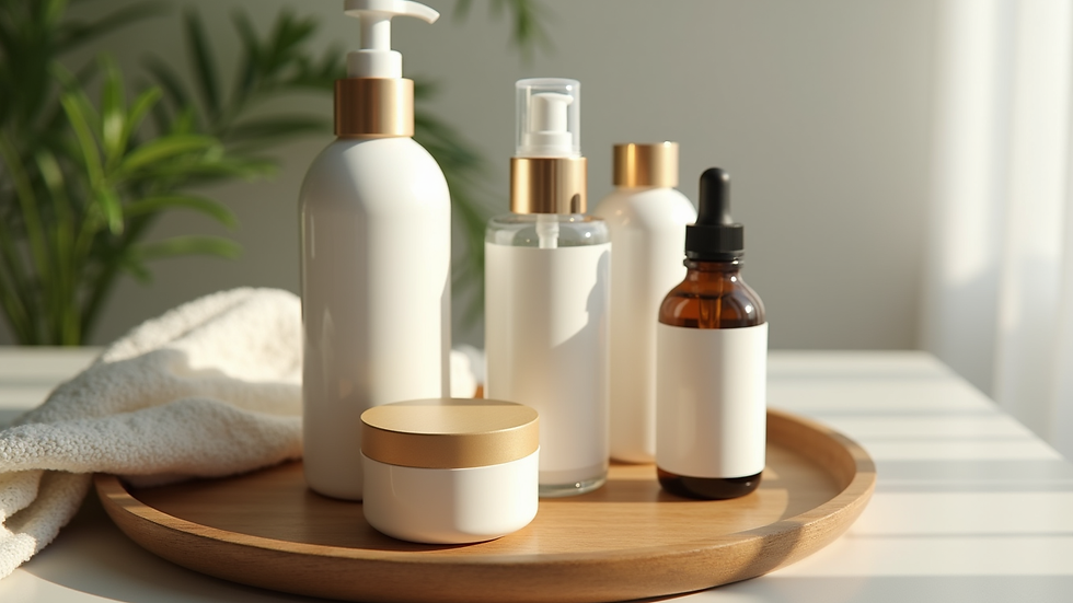Close-up view of natural skincare products arranged on a wooden tray