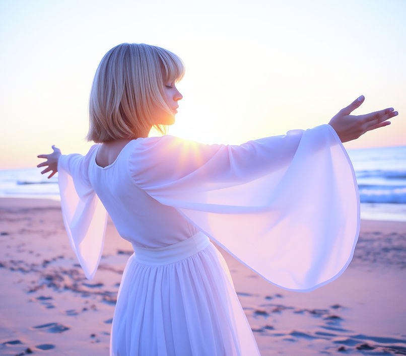 an image of a woman with shoulder length blonde bob with severe bangs, dressed all in flow
