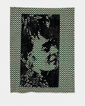 Dentro de Mi Mundo 3/7, xilogravura com tinta para gravura em relevo sobre tecido jacquard acetinado, 60 × 40 cm.