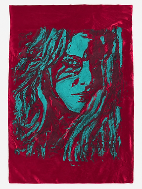 Depois do Retrato, pintura acrílica sobre tecido cetim, 132 × 84 cm, fotografada para catálogo.