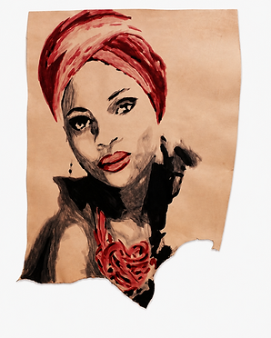 Xangô, pintura com tinta para couro sobre couro semi-acabado, 90 × 50 cm, com figura feminina em vermelho e preto sobre a tonalidade natural do couro.