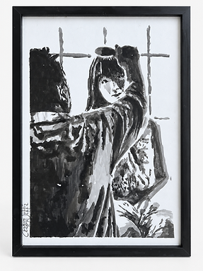 Senji e Saori, obra em tinta tipográfica sobre papel C à Grain, 59,4 × 42 cm, apresentada em moldura.