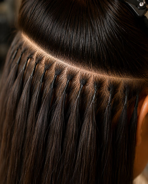 Close-up of K-Tip hair extensions installed with small, discreet keratin bonds for a natural blend.