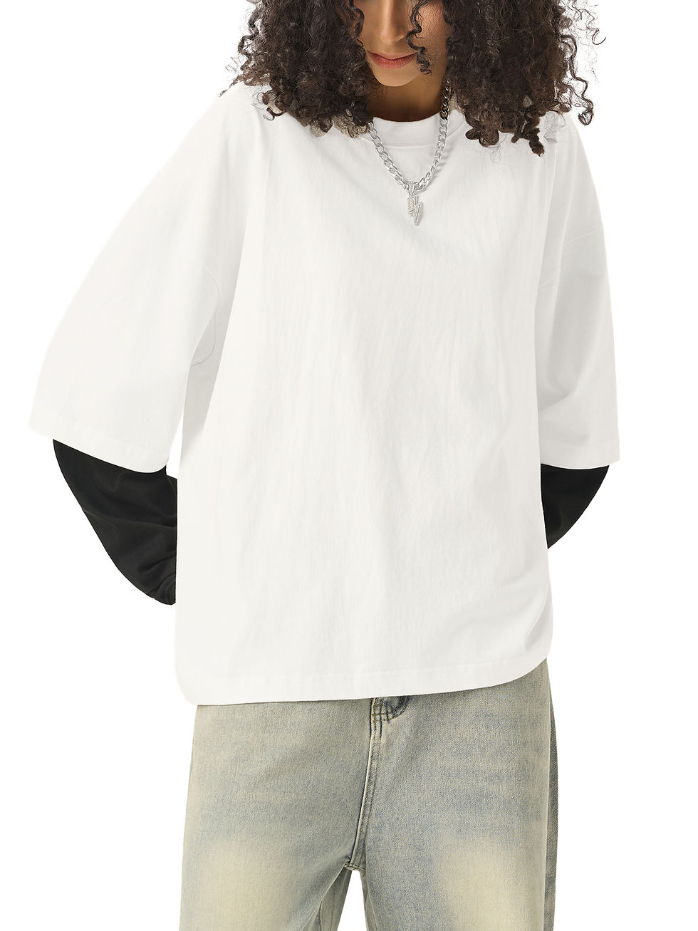 Thumbnail: WHT Layered Contrast Sleeve Cotton T-Shirt