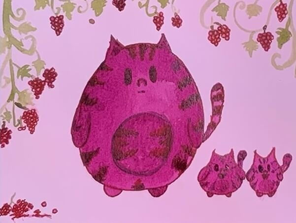 Three magenta colored cats sit under a raspberry plant.