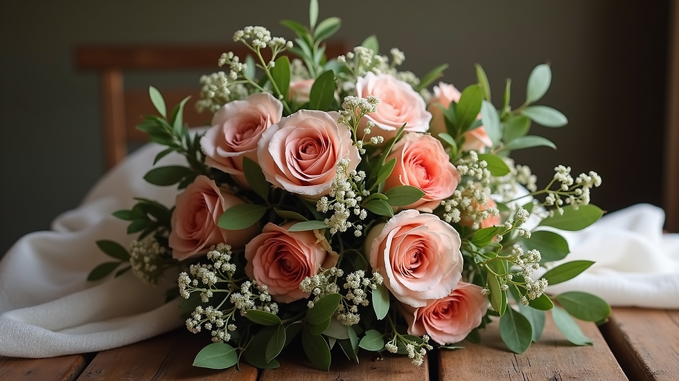 Dettaglio ravvicinato di un bouquet rustico su un tavolo di legno durante un elopement