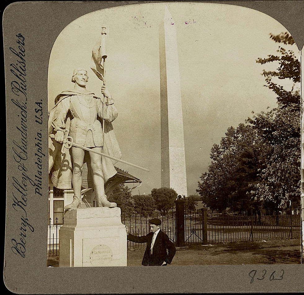 Narváez statue near the Washington Monument, 1906 (Half of a stereograph, Library of Congress)