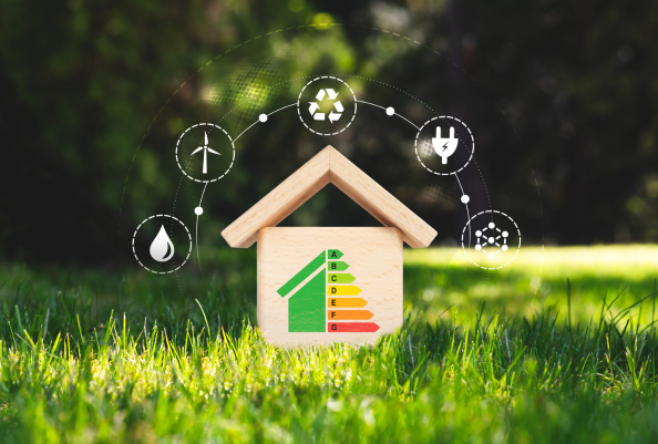 Casa de madeira sobre grama verde com etiqueta de eficiência energética colorida (A a G), cercada por ícones de sustentabilidade como energia eólica, água, reciclagem e eletricidade, representando consumo eficiente e energia limpa