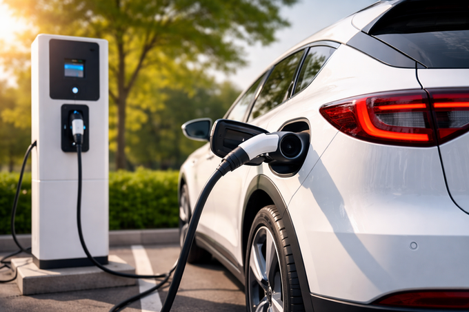 carro branco sendo carregado com carregador preto automotivo