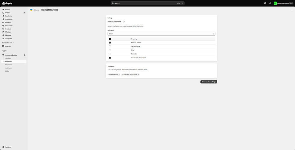 Customs Buddy Product Rewrites screen. A list of product properties has checkboxes for Product Name, Variant Name, SKU, Barcode and Trade Item Description, with a Dash delimiter selected. Below, a Template row shows the chosen fields as draggable chips, here Product Name and Trade Item Description, with a Save rewrite settings button.